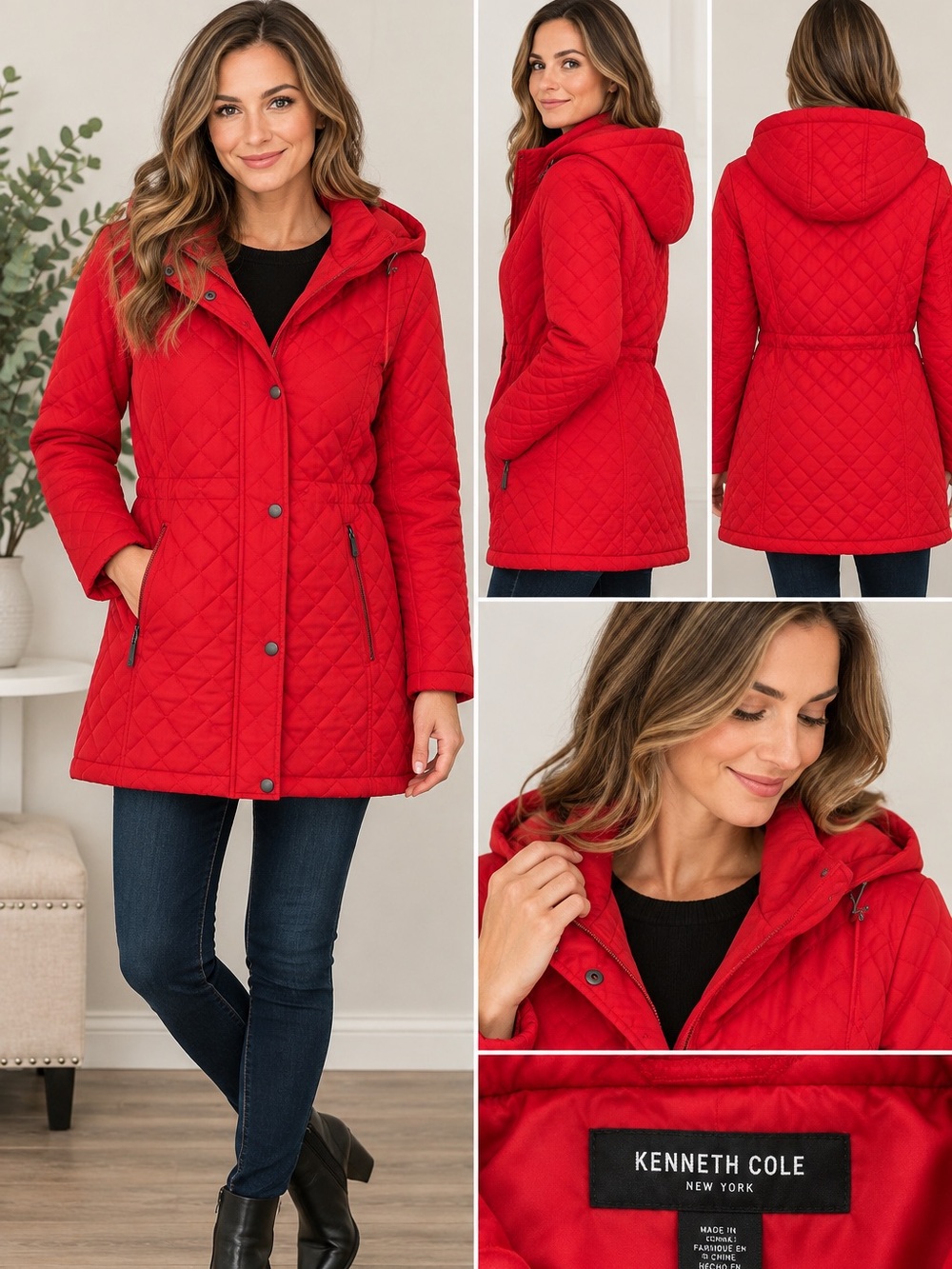 NWT Kenneth Cole New York Red Quilted Hooded Puffer Jacket XS